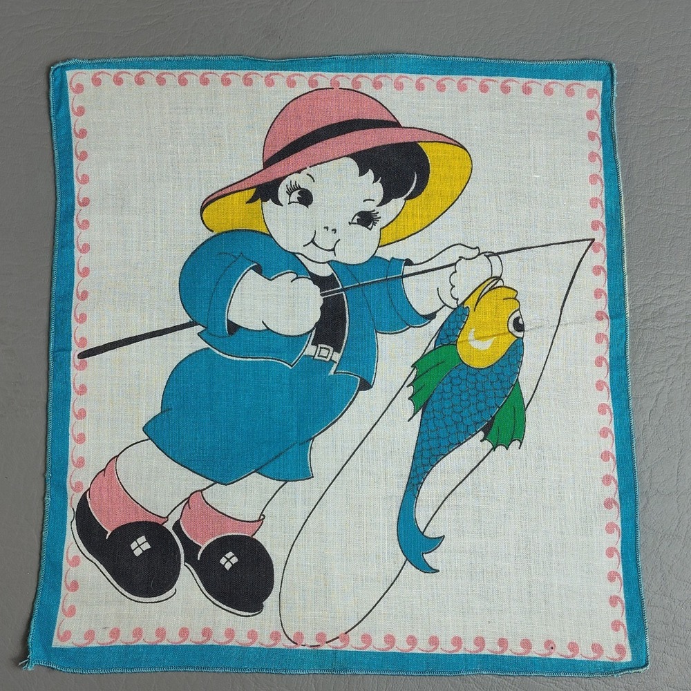 Vintage Child's‎ Hankie Handkerchief Girl Fishing With Pole Fish & Sun Hat RARE